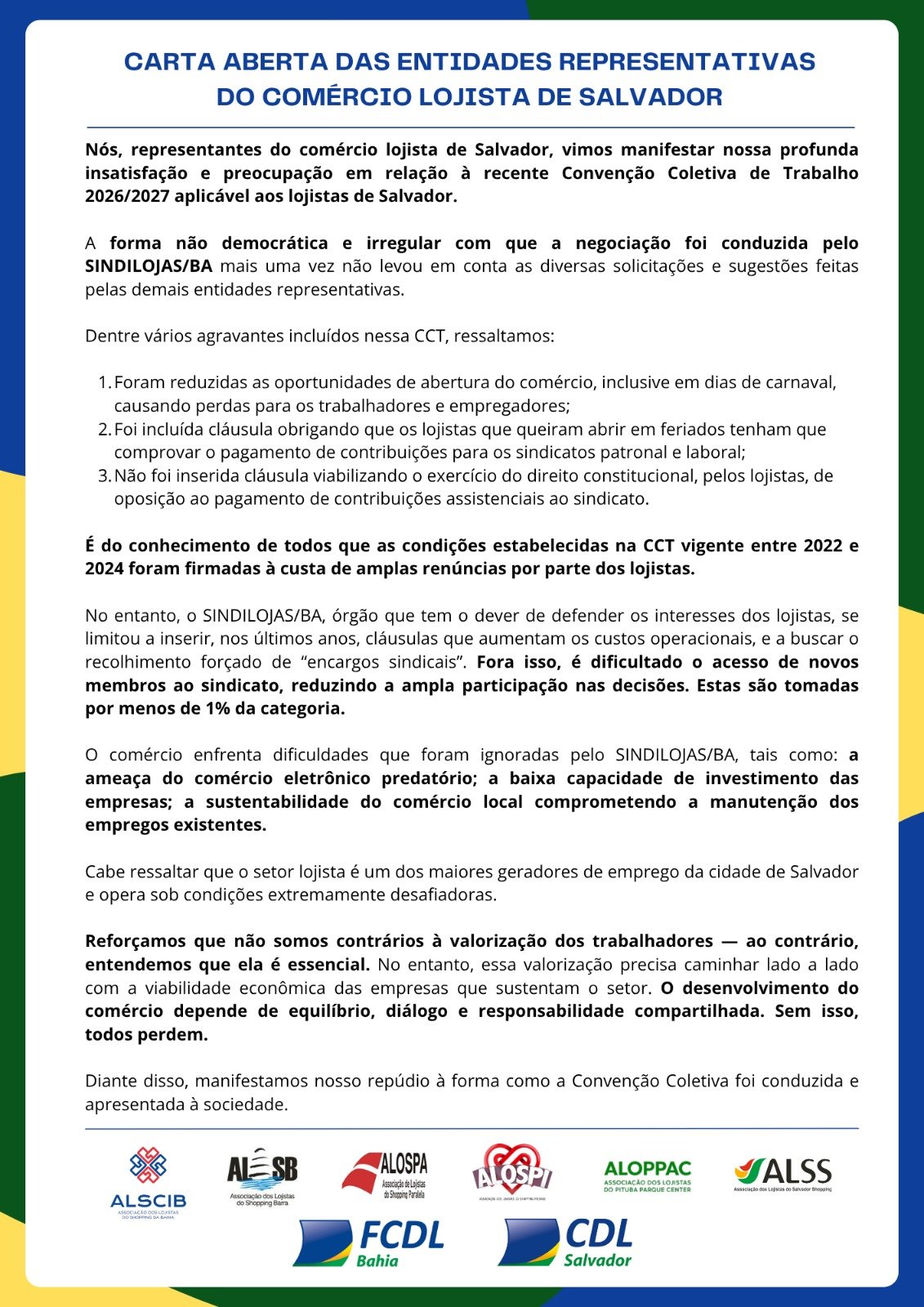 Imagem CARTA ABERTA DAS ENTIDADES REPRESENTATIVAS DO COMÉRCIO LOJISTA DE SALVADOR